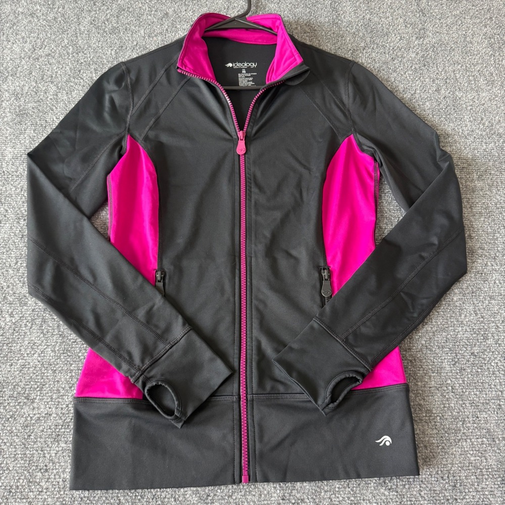 Ideology Track Jacket Thumbhole Sleeves Women XS Black Pink Sporty Fitness